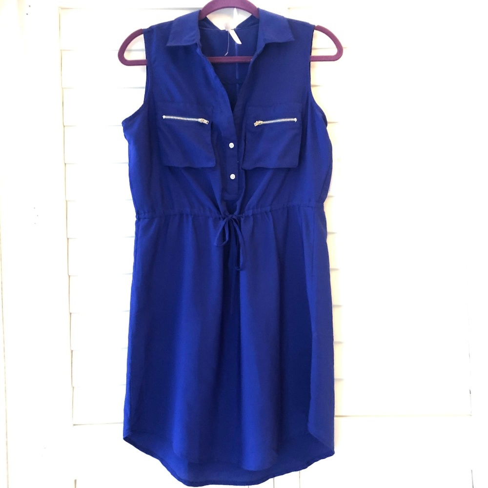 BLUE SLEEVELESS SHIRT DRESS W DRAWSTRING WAIST
